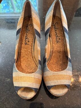 Splendid Striped Peep-Toe Wedges in Tan & Navy